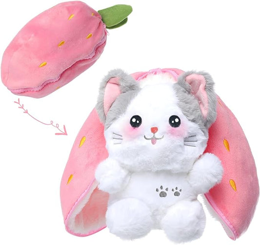 MIAODAM Cat Plush Stuffed Animals, Cute Reversible Strawberry Turn Into Cat Zip Plush, Funny Plushies Toy in A Strawberry Stuffie for Kid (7.8inch)