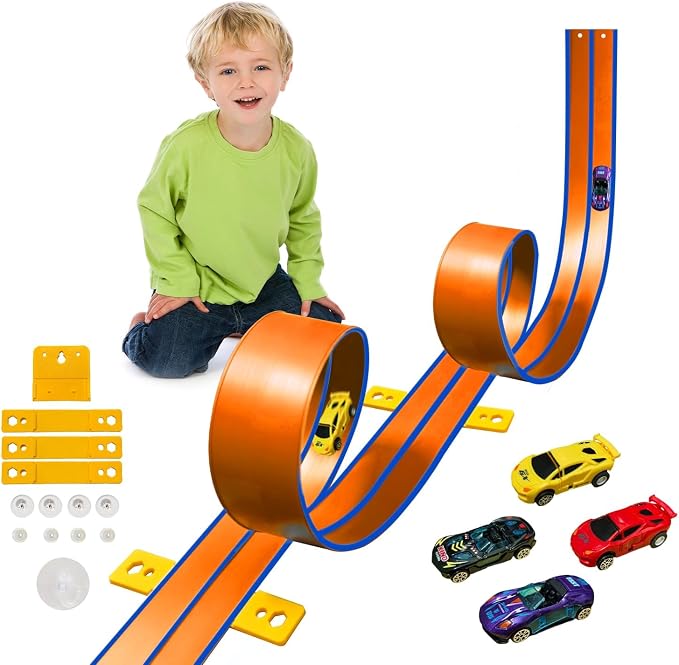 15 Ft Orange Flexible Race Car Track for Kids,Flex Track Starter Set Compatible with Hot Wheels and Diecast 1/64th Cars,Portable Racetrack Roll Up Race Track with 4 Racecars and Suction Cups