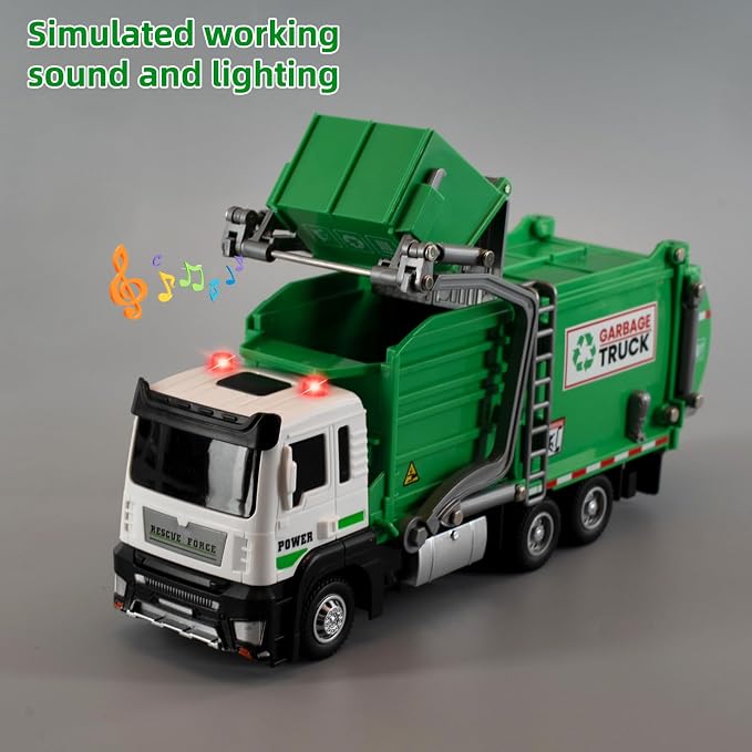 Kids Garbage Recycling Truck Toy, Green Pull-Back Truck Model with Sound & Light, Waste Sorting Learning Cards, Educational Toy, for 3-6 Year Old Boys Girls