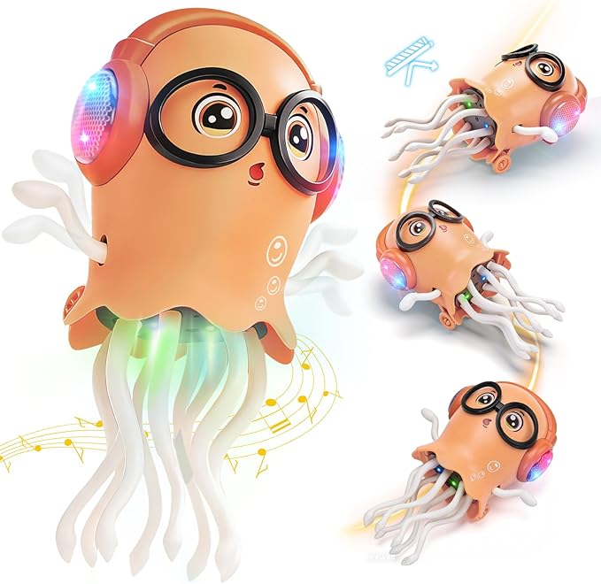 GONINO DJ Dancing Jellyfish Baby Toys, Musical Crawling Tummy Time Toys with LED Light & Smart Obstacle Avoidance, 360° Spin Sensory Toys for Toddlers, Kids Toys Birthday Gifts for Boys Girls, Orange