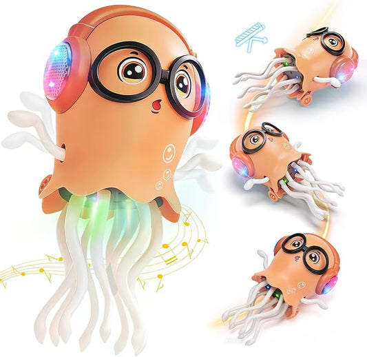 GONINO DJ Dancing Jellyfish Baby Toys, Musical Crawling Tummy Time Toys with LED Light & Smart Obstacle Avoidance, 360° Spin Sensory Toys for Toddlers, Kids Toys Birthday Gifts for Boys Girls, Orange