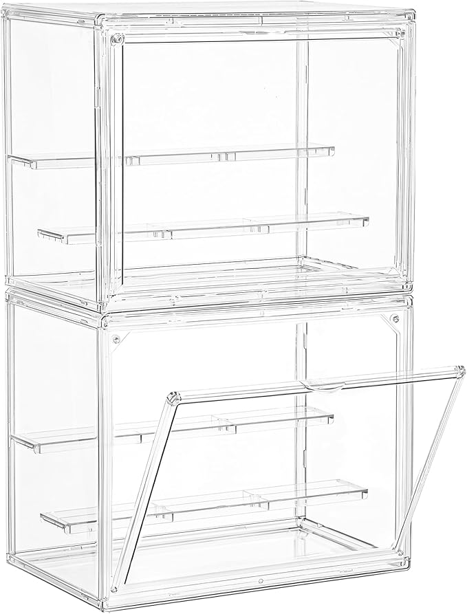 LXLXXL Small Acrylic Display Case for Collectibles 3 Layer Adjustable Display Case with Magnetic Door Clear Stackable Display Box for Mini Figures, 2 Pack