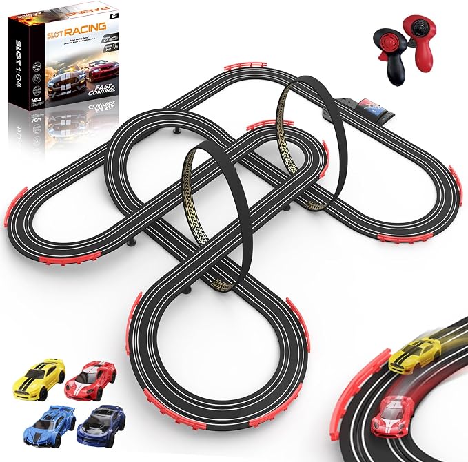 Slot Car Race Track 32Ft Electric Powered Racing Tracks Sets for Boys and Kids ,Dual Racing with 4 High Speed Cars and 2 Hand Controllers, Gift Toys for Children 6,7,8 Years Old
