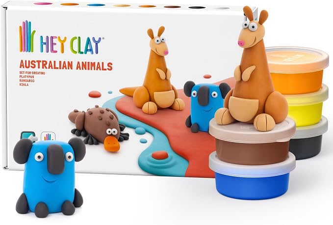 HEY CLAY Colorful Modeling Air Dry Clay for Kids 6 cans with Fun Interactive Instructions App - Kids Activities Age 3+ (Australian Animals: Koala, Kangaroo, Platypus)