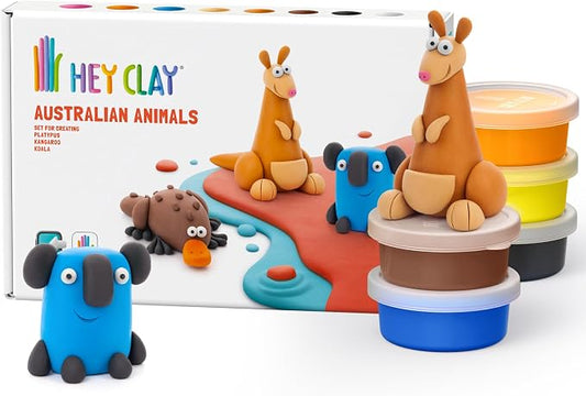 HEY CLAY Colorful Modeling Air Dry Clay for Kids 6 cans with Fun Interactive Instructions App - Kids Activities Age 3+ (Australian Animals: Koala, Kangaroo, Platypus)
