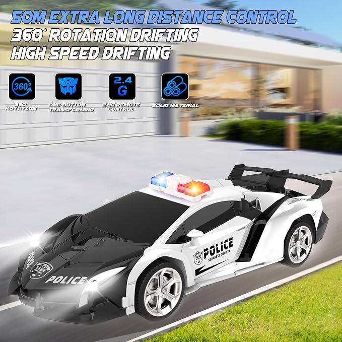 Transform Remote Control Car - Rc Cars, One-Button Transforming, 360° Rotation Drifting, 2.4ghz 1:18 Scale, Gift Kids Aged 4-6 Year Old Boys/Girls, Police Car Black