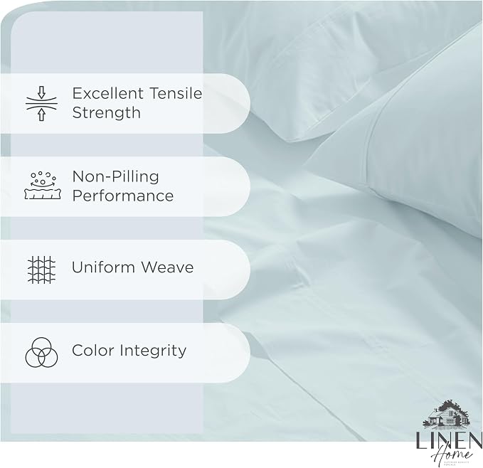 Linen Home 100% Cotton Percale Sheets Queen Size, Blue Duck Egg, Deep Pocket, 4 Pieces Set - 1 Flat, 1 Deep Pocket Fitted Sheet and 2 Pillowcases, Crisp Cool and Strong Bed Linen
