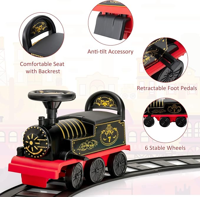 Costzon Ride on Toys, 6V Electric Ride on Train with Tracks, Storage Seat, Flashing Lights & Music, Backrest, Anti-tilt Device, Gift for Toddler Boys & Girls, Battery Powered Ride on Car (Black)