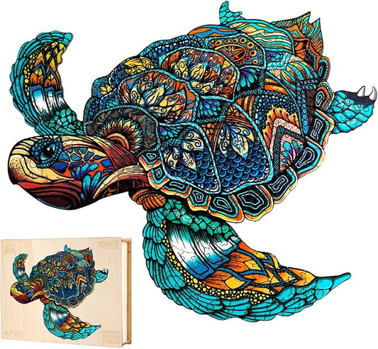 Jigfoxy Wooden Puzzles for Adults, Sea Turtle Wooden Jigsaw Puzzles for Adults Kids, Unique Animal Shape Wood Cut Puzzles, Christmas Thanksgiving Gifts for Friend Turtle Lover (L-14.9*12.6in-301pcs)