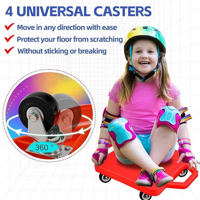 2 Pcs Sports Scooter Board with Handles Colored Floor Sitting Scooter Board with Plastic Casters for Kids Gym Indoor Outdoor Activities Play Equipment