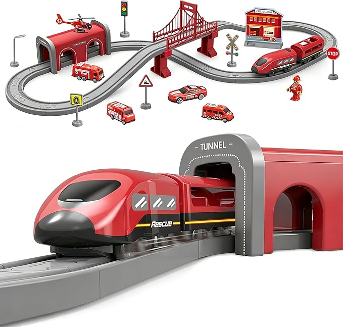 Wdmiya Train Sets for Toddlers, 66 Pcs Trains Toy with Battery Operated & Tracks (Magnetic Connection), Compatible with Thomas, Brio, Christmas Toy Gifts for 3 4 5 6 7 8 Years Old (Fire Engines)