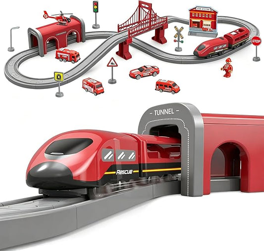 Wdmiya Train Sets for Toddlers, 66 Pcs Trains Toy with Battery Operated & Tracks (Magnetic Connection), Compatible with Thomas, Brio, Christmas Toy Gifts for 3 4 5 6 7 8 Years Old (Fire Engines)
