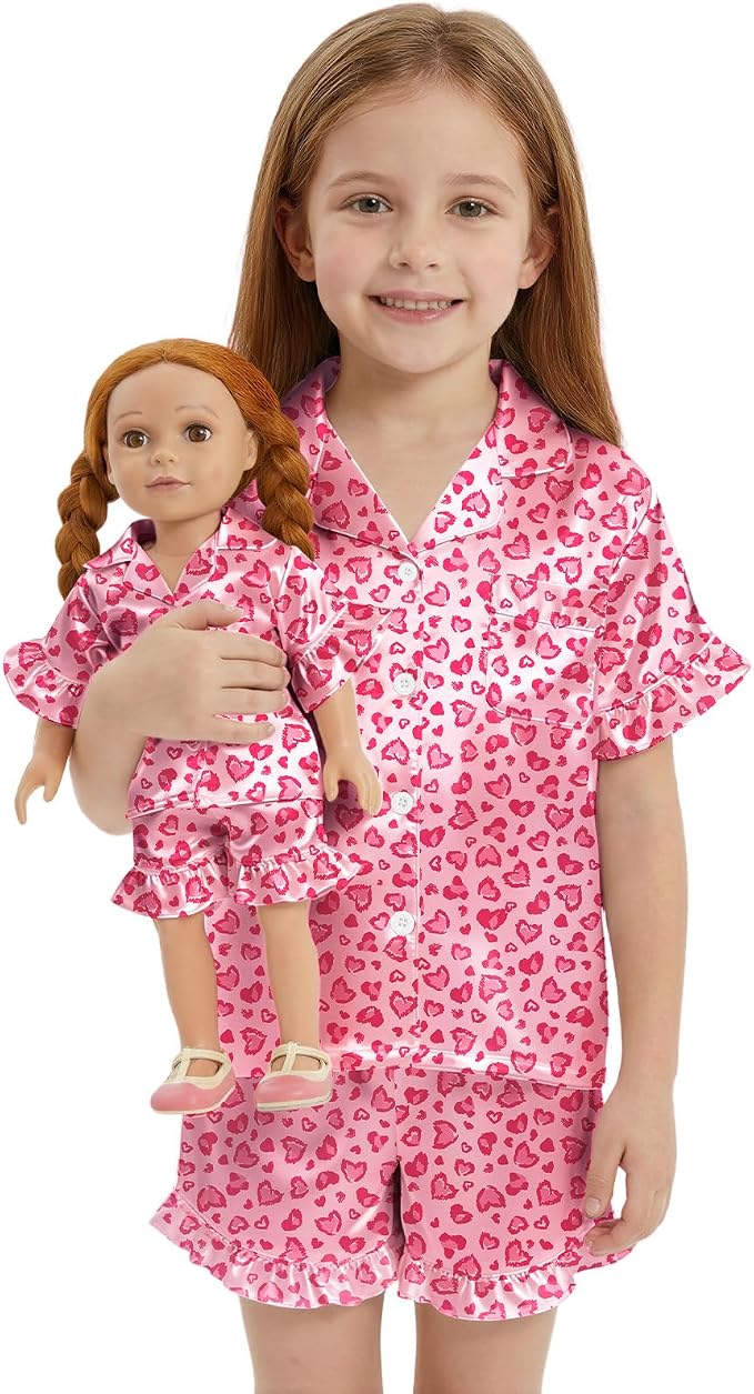 ICOSY Matching Doll & Girls Silk Pajamas Satin Pjs for Girls Button-Down Top and Shorts for 18" Doll Girl Clothes