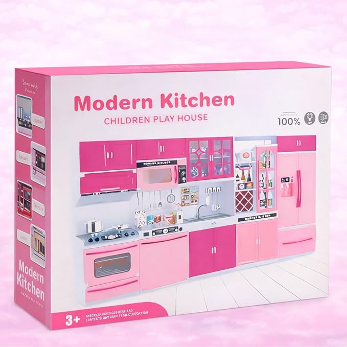 Doll Kitchen Playset for Kids, My Modern Mini Kitchen House Furniture Pretend Play Toy Accessories Set with Realistic Lights & Sounds for Toddlers, Girls (5-in-1 Kitchen Set)
