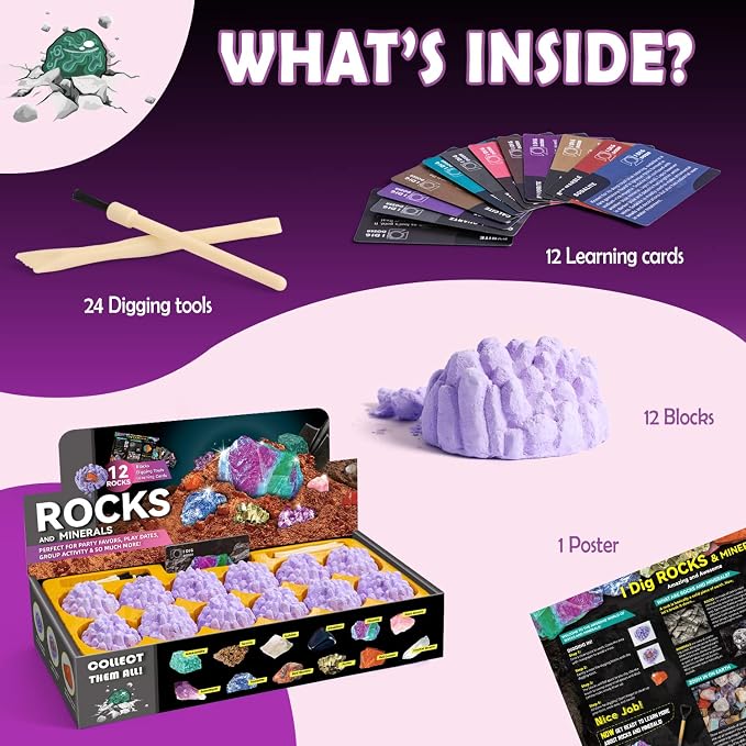 Gem Dig Kit for Kids – Dig Up 12 Real Gems & Rocks, Gemstone Dig Kit,Gem Mining Rock Dig Kit, Educational Excavation Toy Party Birthday Gift for Boys Girls Ages 6+