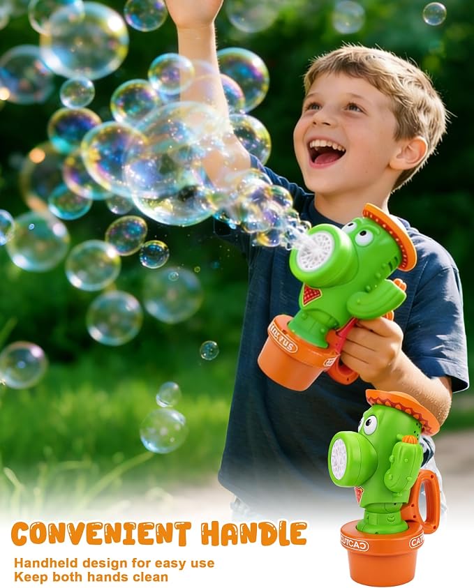 Vodolo Cactus Bubble Machine for Kid, Handheld Automatic Bubble Blower with Lights and Music， Swing Dance Bubble Maker Blower Blaster Outdoor Toys
