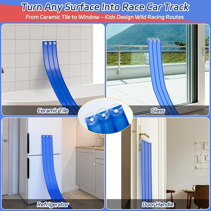 3-Lane Flexible Race Track Toy Set - 16.4 Ft DIY Racetrack with Strong Suction Cups, Portable Roll-Up Car Track for Kids Compatible with 1/64 Diecast Cars