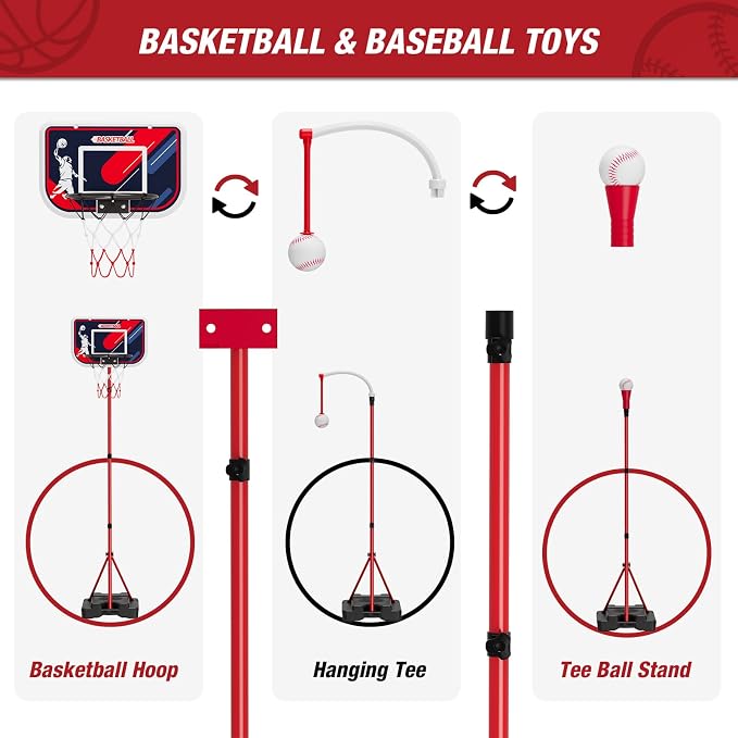 HYES 4 in 1 Kids Basketball Hoop and Tball Set for Toddlers 3-5, Adjustable Hanging Tee Ball Stand with Automatic Baseball Pitching Machine, Indoor Outdoor Sport Toys Birthday for Boys