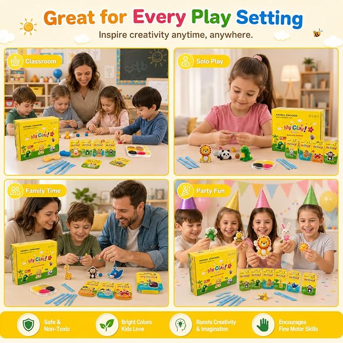 Air Dry Clay Kit, 12 Animals Kingdom Modeling Clay for Kids, DIY Model Magic Clay with Tools&Idea Cards, Soft&Non-Sticky, Safe&Non-Toxic Magic Clays, Creatible Art Crafts Toys Gifts for Boys Girls