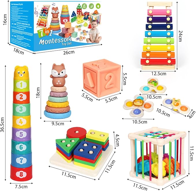 LearnToy Baby Toys 18-36 Months, Montessori 7-in-1 Activity Set | Stacking Blocks, Infant Teething Toy & Sensory Bin, Baby Boys & Girls Gifts