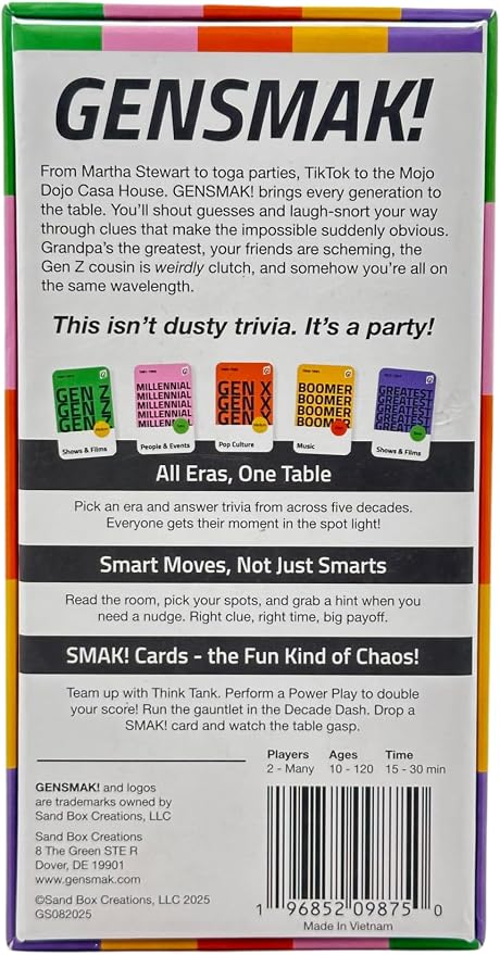 GENSMAK! Trivia Party Game for Adults & Families Multi-Generational Trivia Card Game for Game Night Funny Trivia with Hints 2-8+ Players Ages 10+
