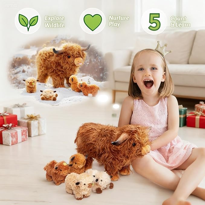 OUOZZZ Highland Cow Stuffed Animal, 14.5" Large Mom and 4 Babies Set | Realistic Fluffy Plush Toy, Includes 4 Baby Calves, Travel-Friendly & Portable