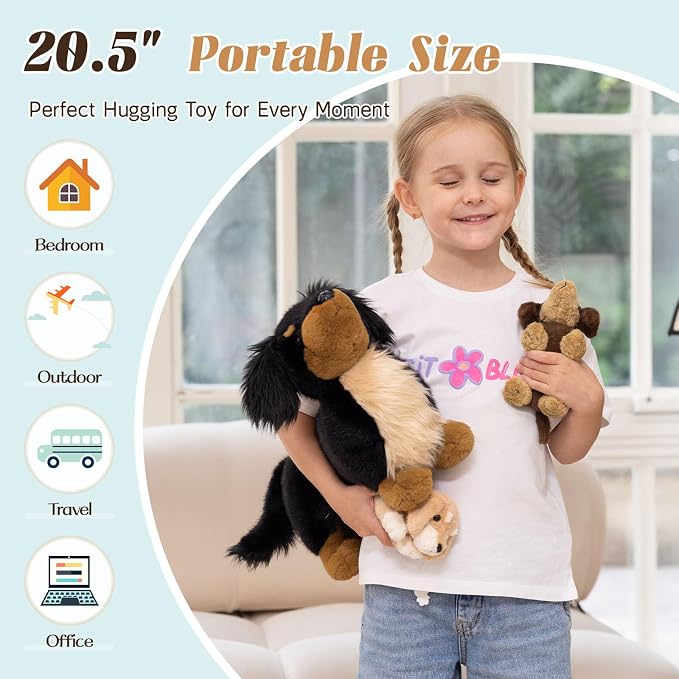 MorisMos Dachshund Stuffed Animal Plush Toys, 20'' Realistic Long Haired Dachshund Toys Gift for Kid Toddler Women, Mama Puppy Surprise with Baby Dog Stuffed Animals,Cuddle Black Weiner Dog Pillow
