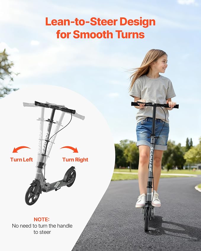 VEVOR Kick Scooter for Kids Ages 8+, Teens & Adults, 2-Wheel Toddler Scooter with Adjustable Height Handlebar, Wide Anti-Slip Deck, Foldable Lightweight Frame for Boys & Girls up to 220 lbs, Gray