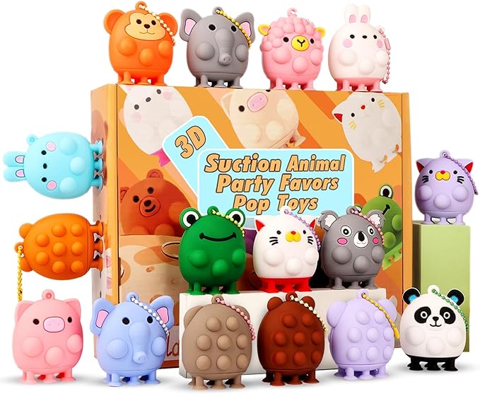 12 PCS Animal Pop Suction Fidgets Toys, Toddler Travel Sensory Toys for Airplane Car Activities Essential, Toddler Bath Toys, Goodie Bags Stuffers for Kids, 1 2 3 Year Old Boy Girls Birthday Gift