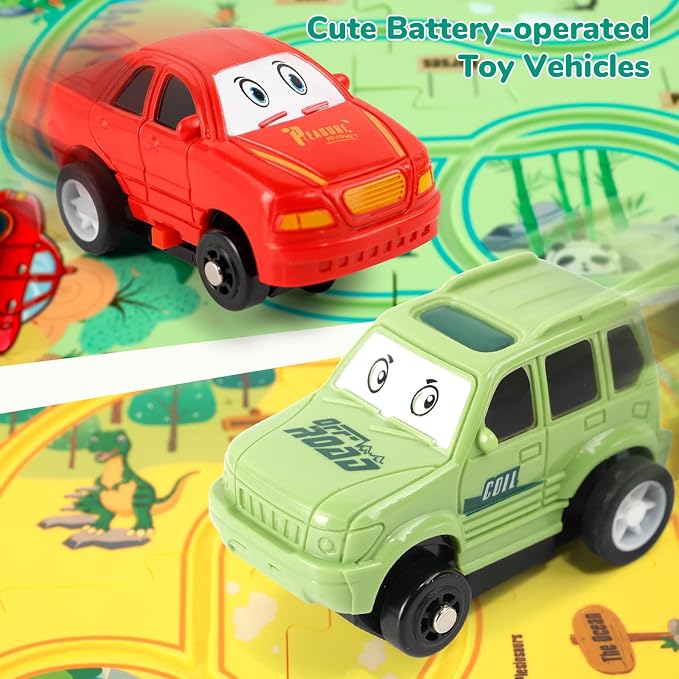 YOOYID Plastic Floor Puzzles for Kids Ages 3-5 with 2 Cute Vehicles, Race Tracks for Kids 3-5, Puzzle Racer Kids Car Track Set, Toys for 3 4 5 6 Year Old Boys Girls, STEM Toys for Kids