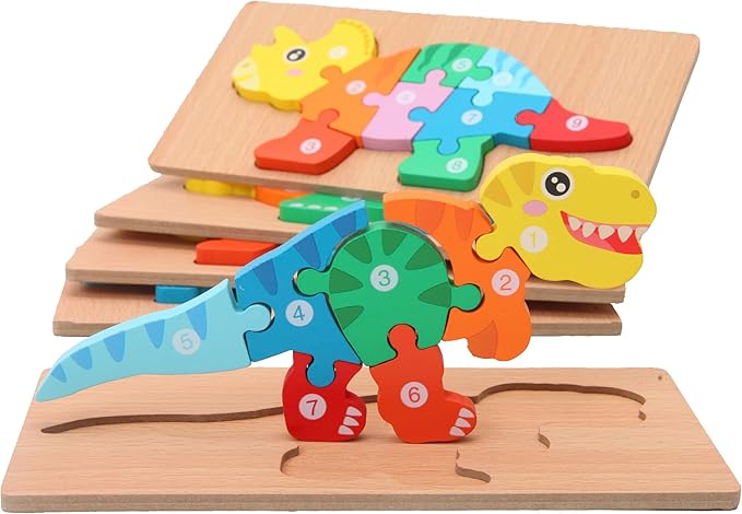 MONTESSORI MAMA Toddler Puzzles for Kids Ages 3-5 Dinosaur Puzzle 5-Pack, Montessori Toys for 3 Year Olds, Toddler Toys Age 3-4 Gifts for 3 Year Old Boys Girls, Wooden Puzzles for Toddlers