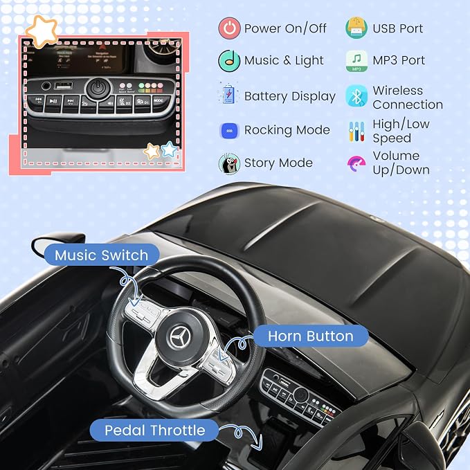 Costzon Ride on Car, 12V Licensed Mercedes-Benz Kids’ Electric Vehicles with Parent Remote, Rocking Function, Music & Horn, LED Headlights & Soft Start, Battery Powered Kids Car Toy for Ages 3+(Black)