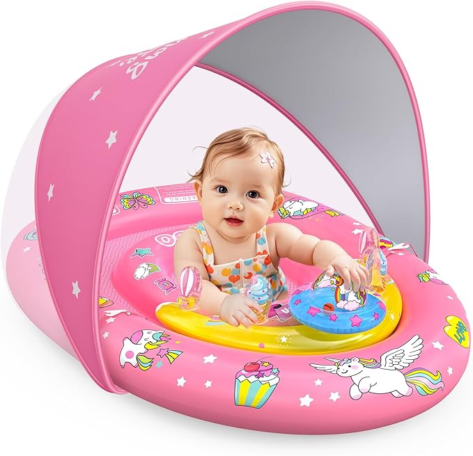 EZIGO Baby Pool Float with Canopy UPF50+ Sun Protection, Inflatable Kids Pool Floats with Ocean Animal Toys for Baby 6-36 Months, Infant Swimming Float with Adjustable Safety Seat for Boys Girls