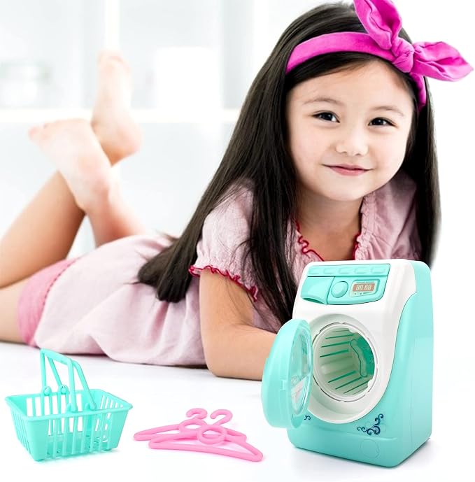 deAO Washing Machine Toy for Kids Dollhouse Furniture Pretend Play Household Appliance Realistic Sounds with Lights Laundry Play Set with Rotatable Roller for Boys Girls