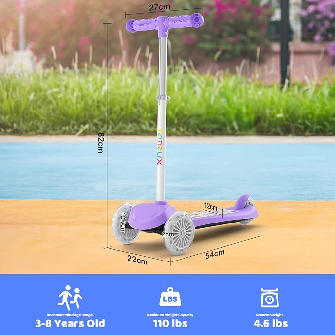 TONBUX Kids Scooter for Ages 3-5, Toddler Scooter with Light-Up Deck and Wheels, Adjustable 4-Level Height 3-Wheel Scooters for Kids, Lean-to-Steer Design
