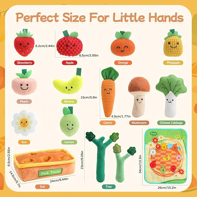 Mini Tudou Baby Toys 6-12 Months-Fruits Veggies Farm Stuffed Toys 15PCS-Sensory Educational Toy Mushroom Carrot with Rattle Squeaker Crinkle Texture Color Shape Number Matching Gifts