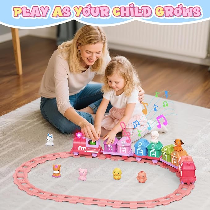 Train Set for Toddlers 2-4, Electric Toddler Train Set with Farm Animals, Music & Lights, Montessori Counting & Sorting Learning Toy, Birthday Easter for Boys Girls (Pink)