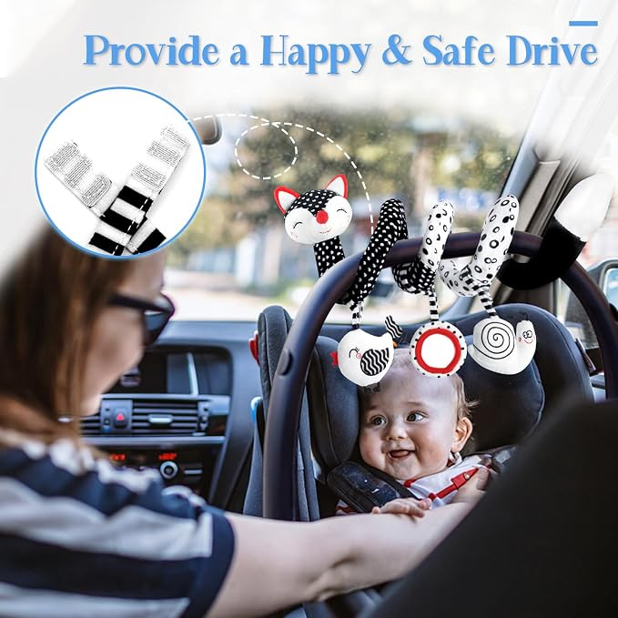 Car Seat Toys for Babies 0-6 Months Boy Girl Carseat Toys Hanging, Black and White High Contrast Baby Toy for Newborn, Baby Infant Sensory for Crib Mobile Carseat Stroller, Gift for 0 3 6 9 12 Months