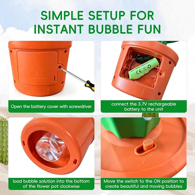 Cactus Automatic Bubble Machine LED Light Music Portable Kids Party Blower | Indoor Outdoor Birthday Easter Wedding Battery Operated Toy Gift