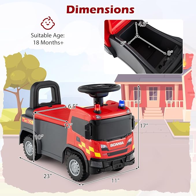 Costzon Ride On Push Car, Licensed Scania Fire Truck for Toddlers with Sirens, Horn, Music, Lights, Under Seat Storage, Foot-to-Floor Sliding Car, Kids Ride On Toys for Boys Girls 18+ Months