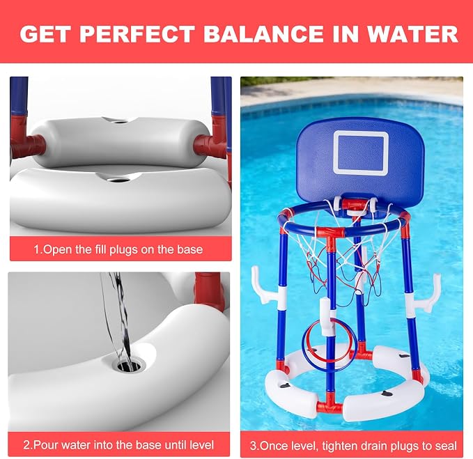 2-in-1 Floating Pool Basketball Hoop Set,Blue Swimming Pool Basketball Hoop with Backboard,4 Balls,6 Rings & Pump,Water Basketball Hoop for Pool Party Fun & Outdoor Indoor Pool Toys