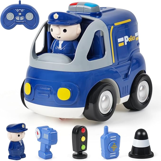 Remote Control Car for Toddlers - Birthday Gifts for Boys and Kids Ages 18+ Months, 2 3 4 5 Years, 2.4GHz RC Interactive Cartoon Police Car with Lights, Sounds & Music