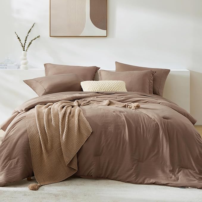 WRENSONGE King Size Comforter Set- 7 Pieces Soft Brown Bed in a Bag King with Fitted Sheet, Flat Sheet, 2 Pillow Shams, and 2 Pillowcases-Warm Bedding Sets for All Season