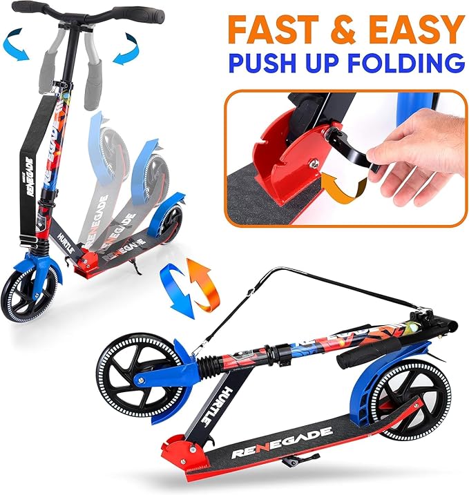 Hurtle Renegade Kick Scooter for Kids, Teenagers & Adults - 2-Wheel Folding Scooter with Adjustable T-Bar Handlebar - Alloy Anti-Slip Deck