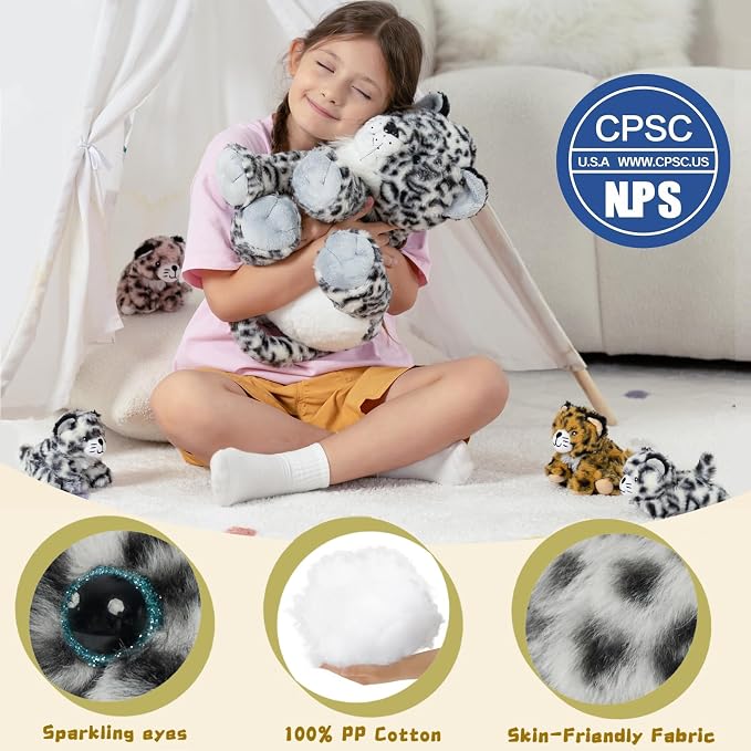 MorisMos Snow Leopard Stuffed Animal with Babies, 5-in-1 Plush Family, 14" Mommy Snow Leopard with 4 Baby Cubs, Soft Cuddly Big Cat Plush Toys Gifts for Kids Birthday Jungle Baby Shower Nursery Decor