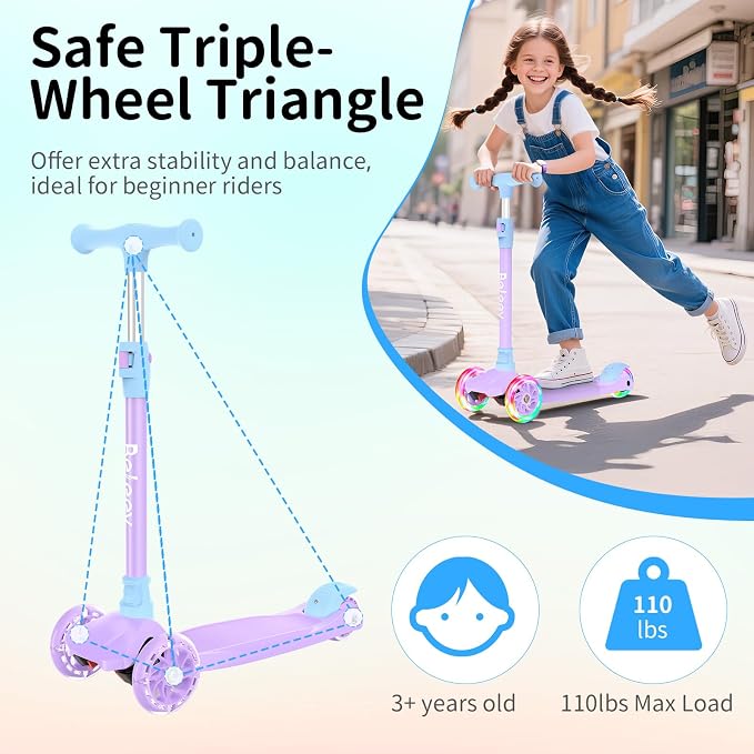BELEEV Scooters for Kids 3 Wheel Kick Scooter for Toddlers Girls Boys, 4 Adjustable Height, Lean to Steer, Light up Wheels, Extra-Wide Deck, Easy to Assemble for Children Ages 3-12