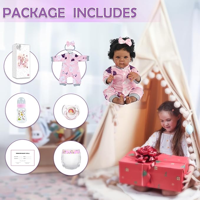 WOOROY Realistic Reborn Baby Dolls Black Girl – 18 Inch African American Newborn Baby Doll with Soft Body, Lifelike Handmade Real Life Dolls Adorable Gift with Accessories for Kids Age 3+