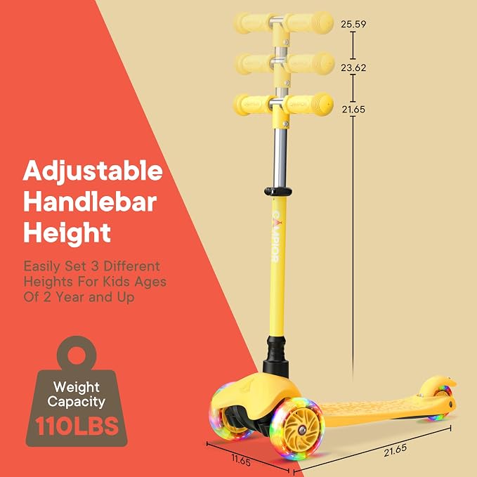 Yellow Mini 3 Wheel Scooter for Kids – Lean-to-Steer with LED Light-Up Wheels, Adjustable Handlebar, Wide Anti-Slip Deck, Smooth PU Wheels, Rear Foot Brake – Toddler Scooter for Ages 2+