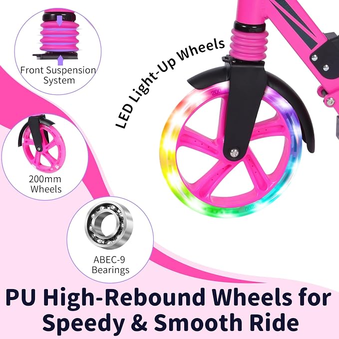 BELEEV V8 Scooters for Kids Ages 6+ with Light-Up Deck, 2 Wheel Folding Scooter for Kids, 4 Adjustable Height, Lightweight Sport Commuter Scooter, Sturdy Frame
