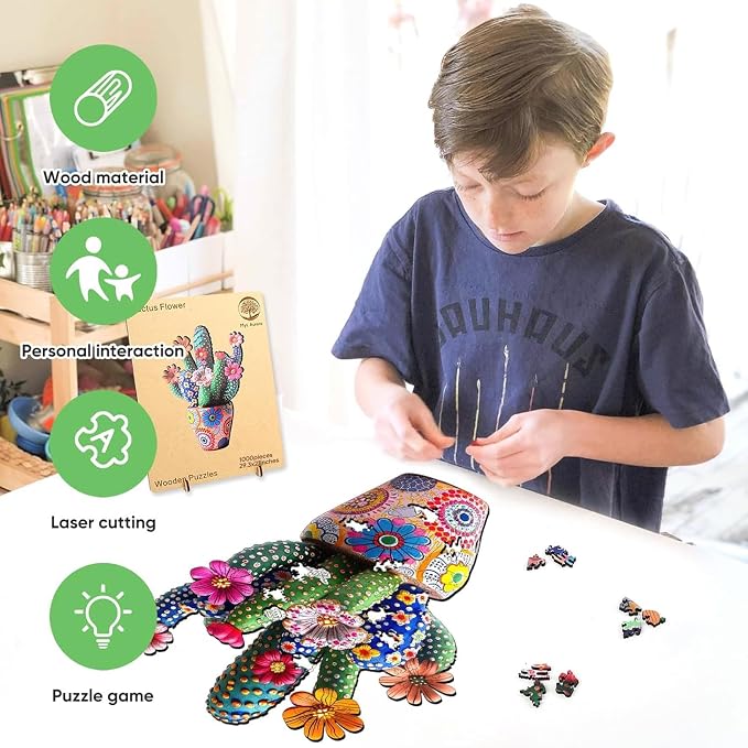Mys Aurora Puzzles for Adults Cactus Flower Wooden Puzzles, 1000 Pieces Unique Shaped Jigsaw Puzzles, Birthday for Mom Adults, Fun Challenge Family Game 29.3'' x 21''